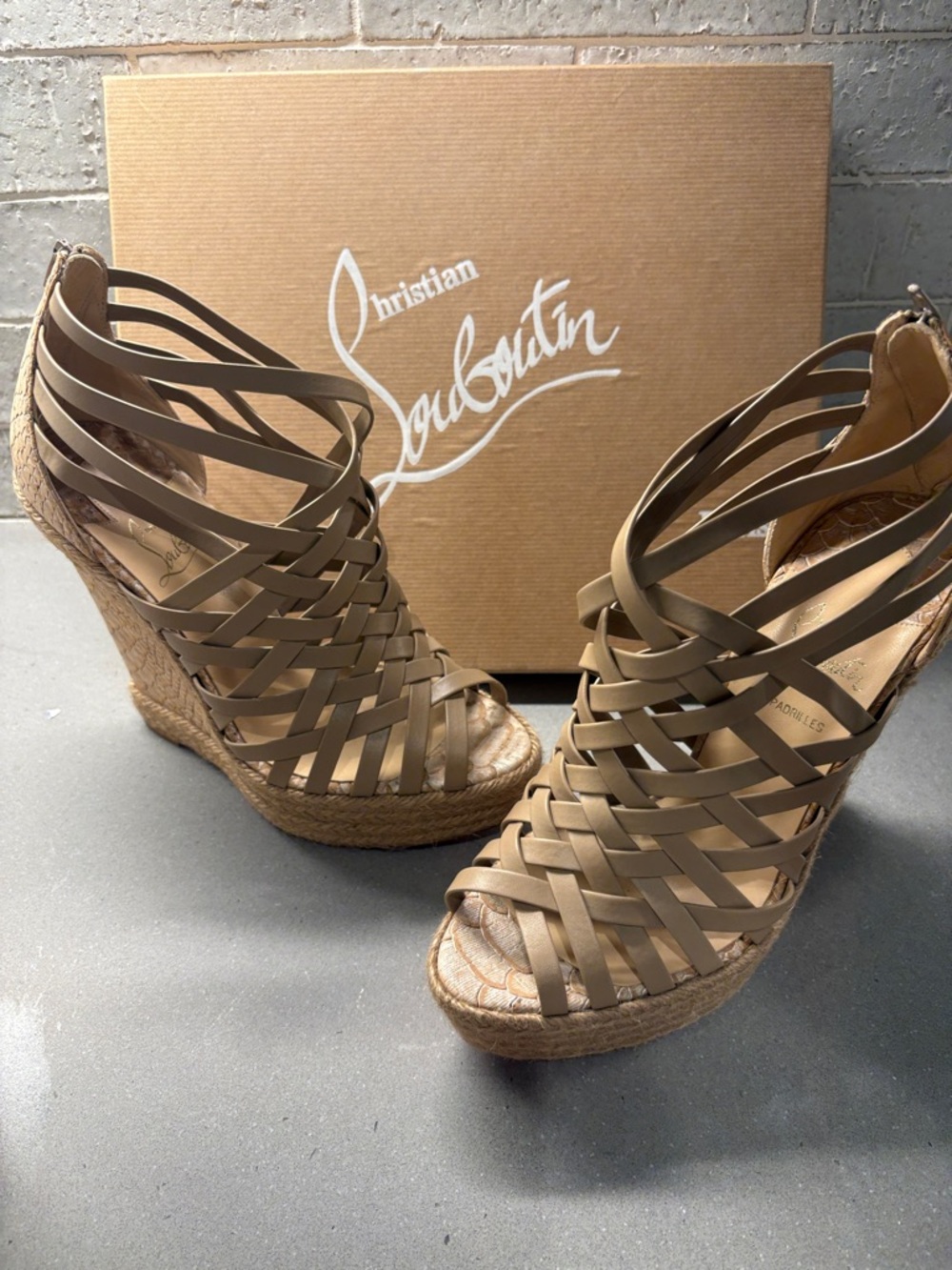 Christian Louboutin Beige Woven Espadrille Wedge Sandals